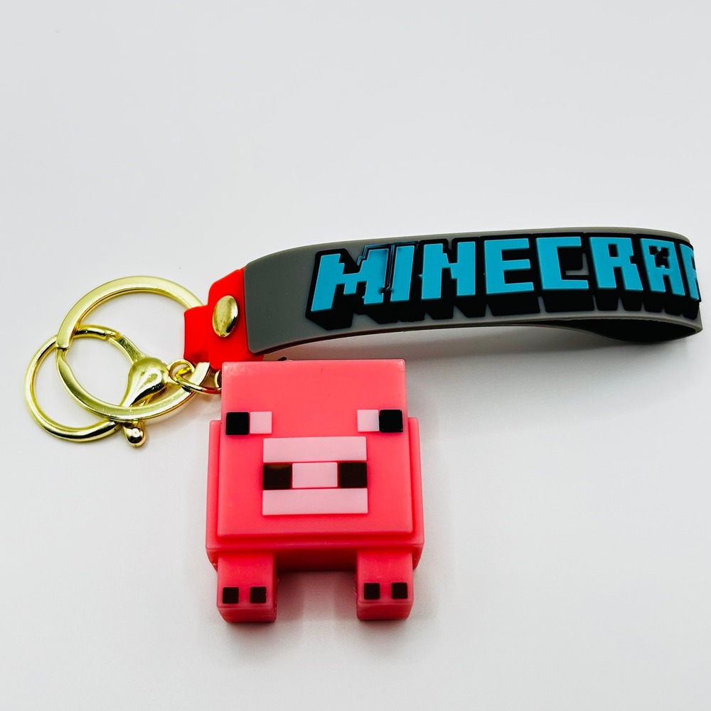 Minecraft Pig Mojang Keychain Unisex OS Pink Rubber 3D Wristlet Strap Gold Clip